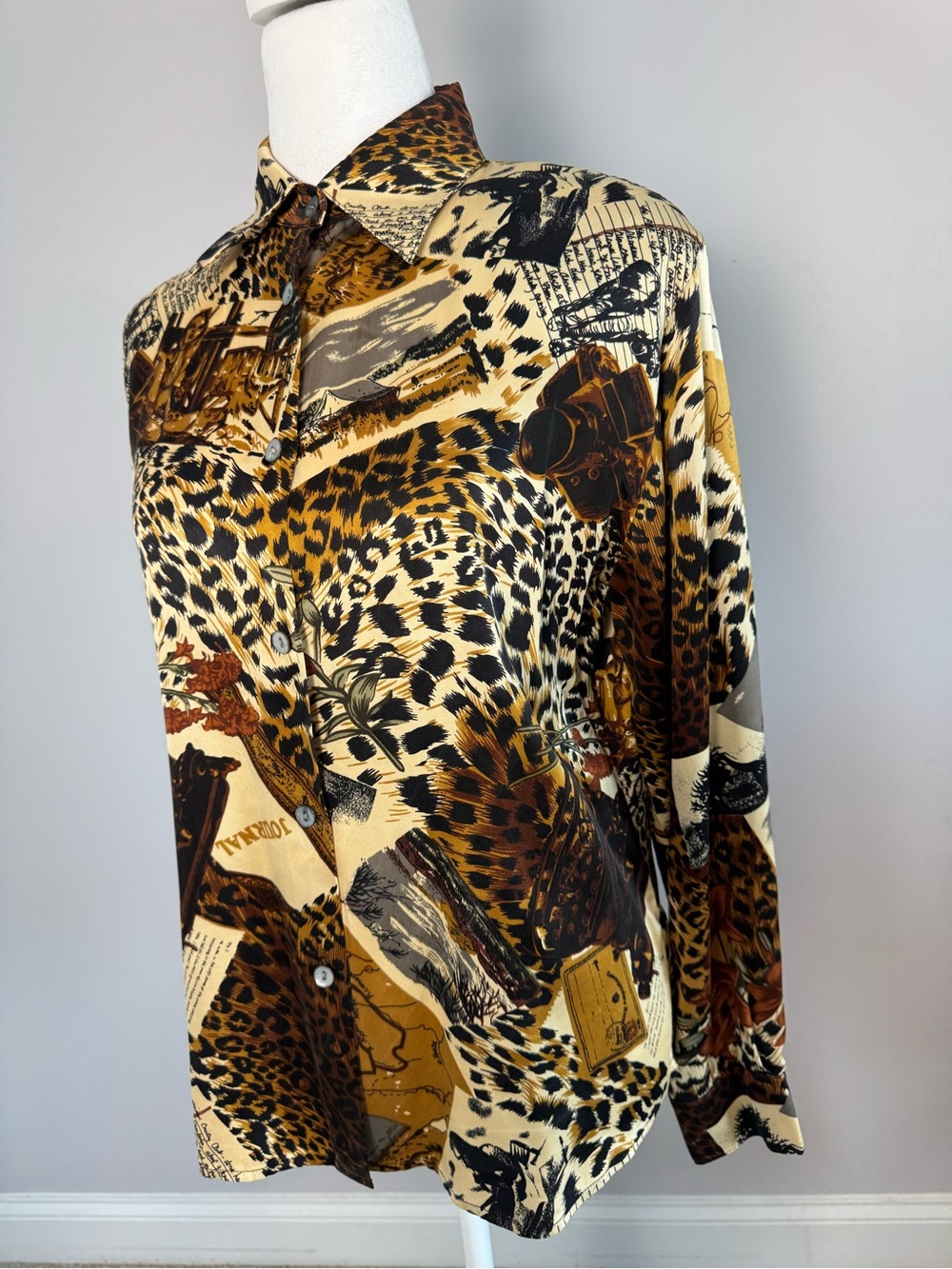 Paolo Santini Safari World Traveler 100% Silk Leopard Button Down Blouse Vintage - Picture 2 of 9